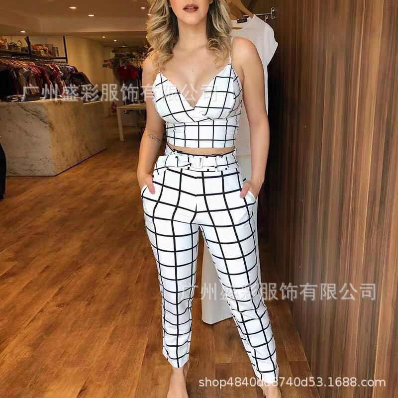 EOS | Bedrucktes sexy Camisole Deep V Crop Top & Karohosen-Set