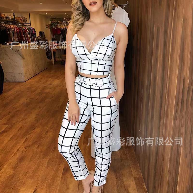 EOS | Bedrucktes sexy Camisole Deep V Crop Top & Karohosen-Set
