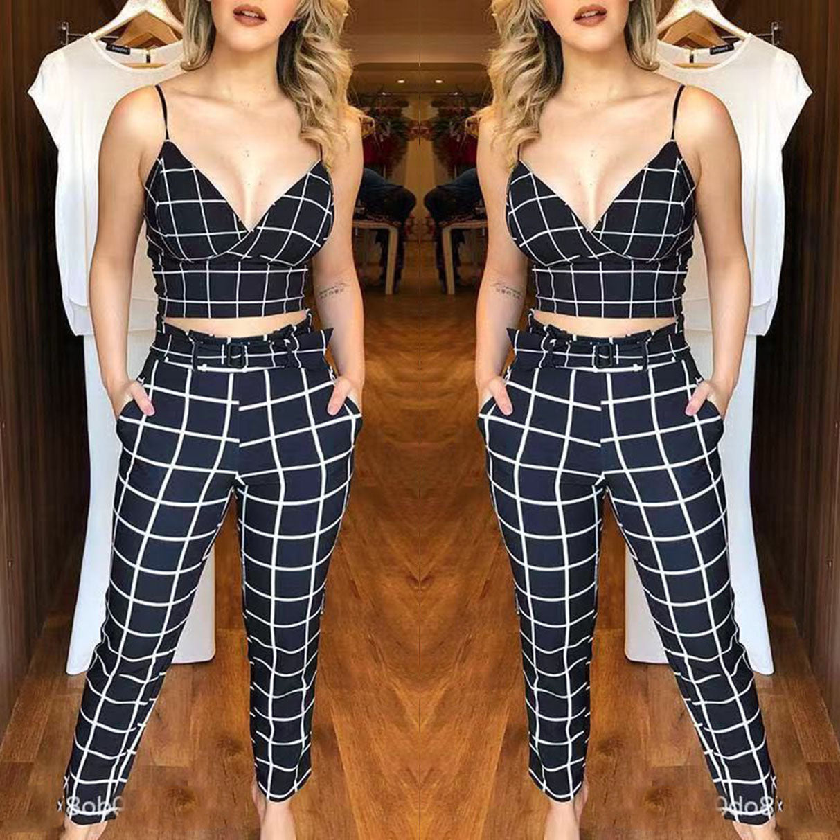 EOS | Bedrucktes sexy Camisole Deep V Crop Top & Karohosen-Set