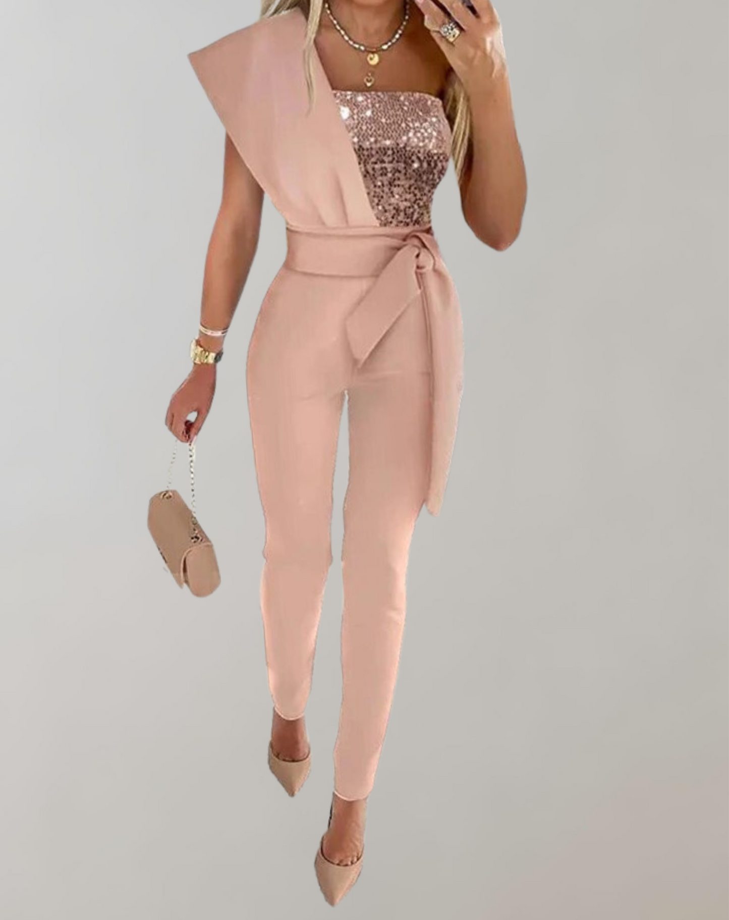 EOS | Luxuriöser Jumpsuit mit Schleifengürtel und Glitzerdetail