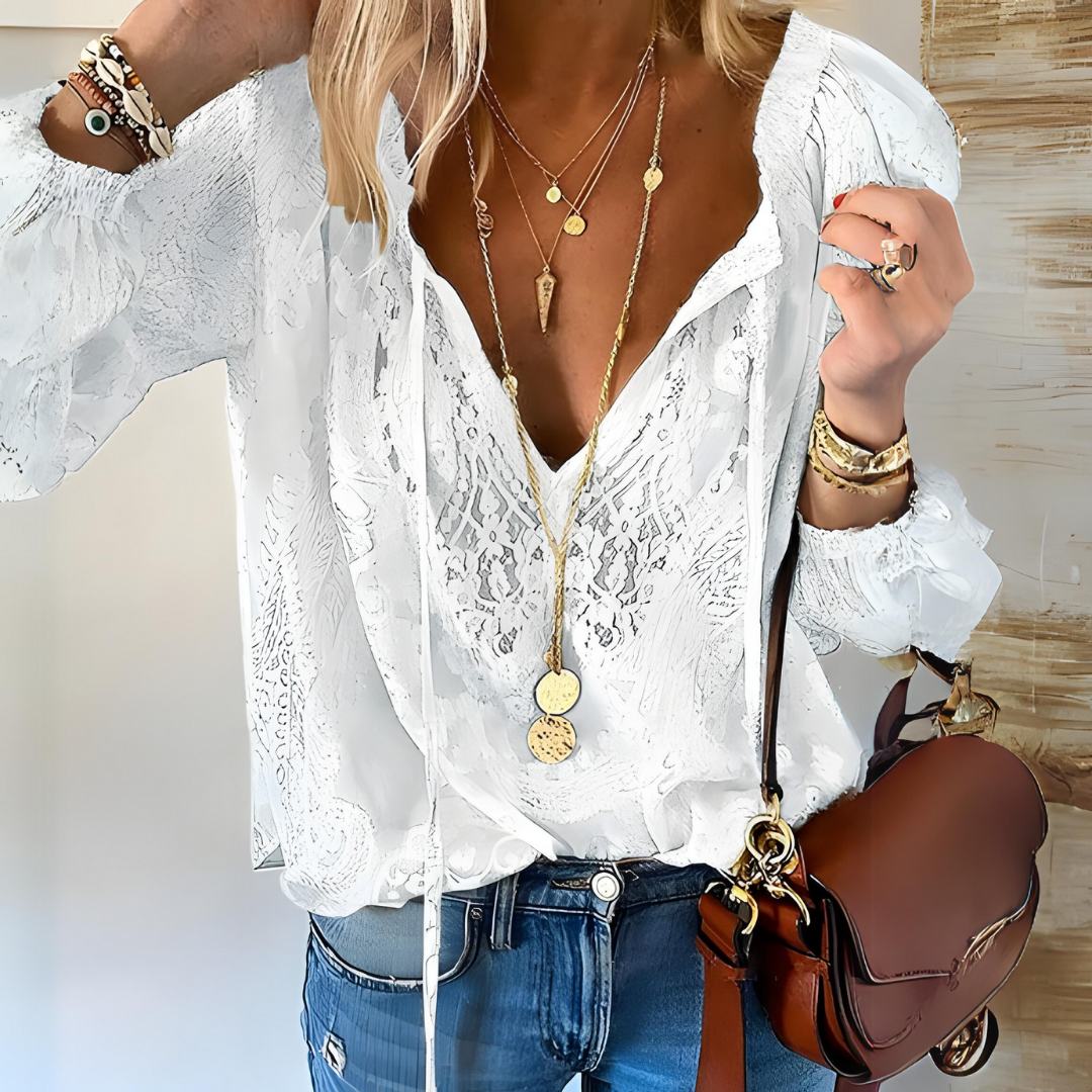 EOS | Bluse Spitze Lockere Passform V Ausschnitt Bluse Langarm Top