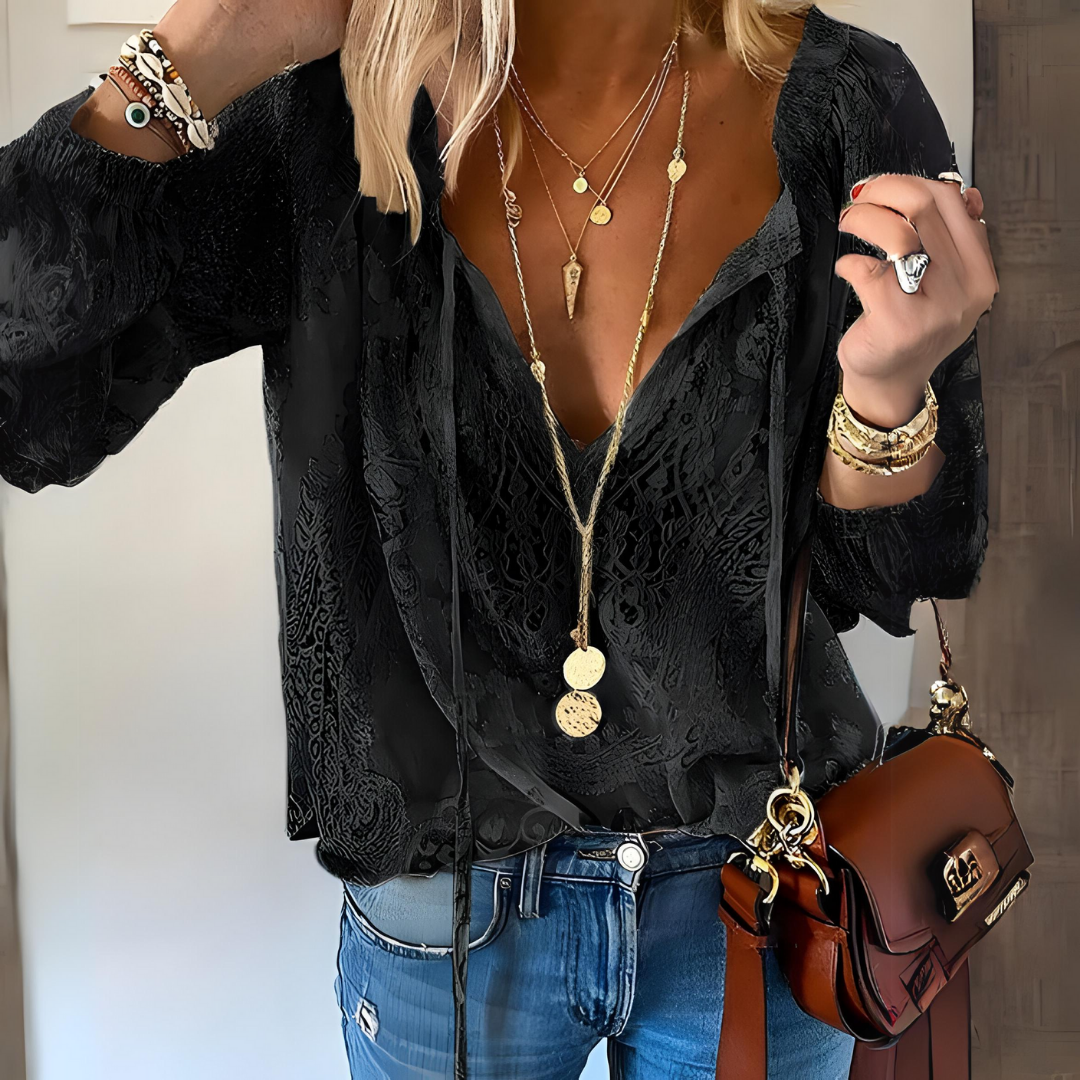 EOS | Bluse Spitze Lockere Passform V Ausschnitt Bluse Langarm Top