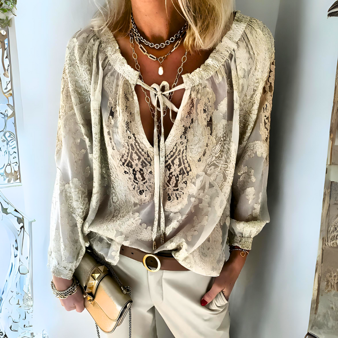 EOS | Bluse Spitze Lockere Passform V Ausschnitt Bluse Langarm Top