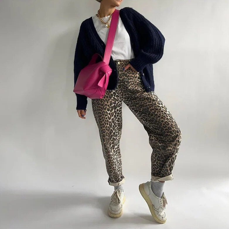 EOS | Leopardenmuster Lockere Passform Hochtaillierte Jeans Baggy Jeans