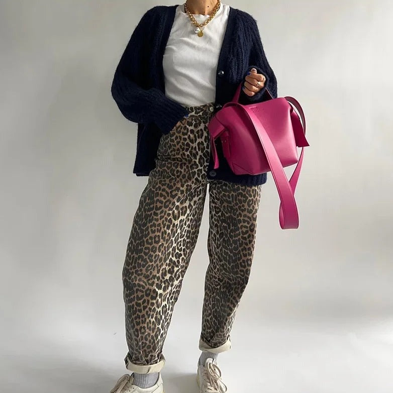 EOS | Leopardenmuster Lockere Passform Hochtaillierte Jeans Baggy Jeans