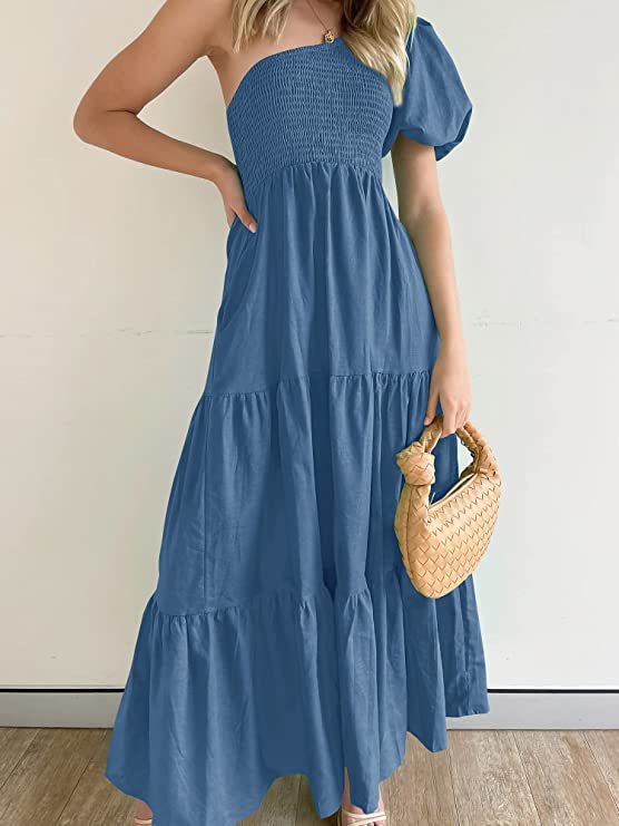 EOS | Romantisches Ein-Schulter Puffärmel Strandkleid