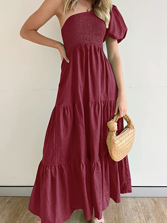 EOS | Romantisches Ein-Schulter Puffärmel Strandkleid