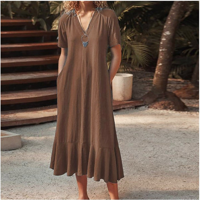 EOS | Lässiges kurzes Baumwoll-Leinen-A-Linien-lang Kleid