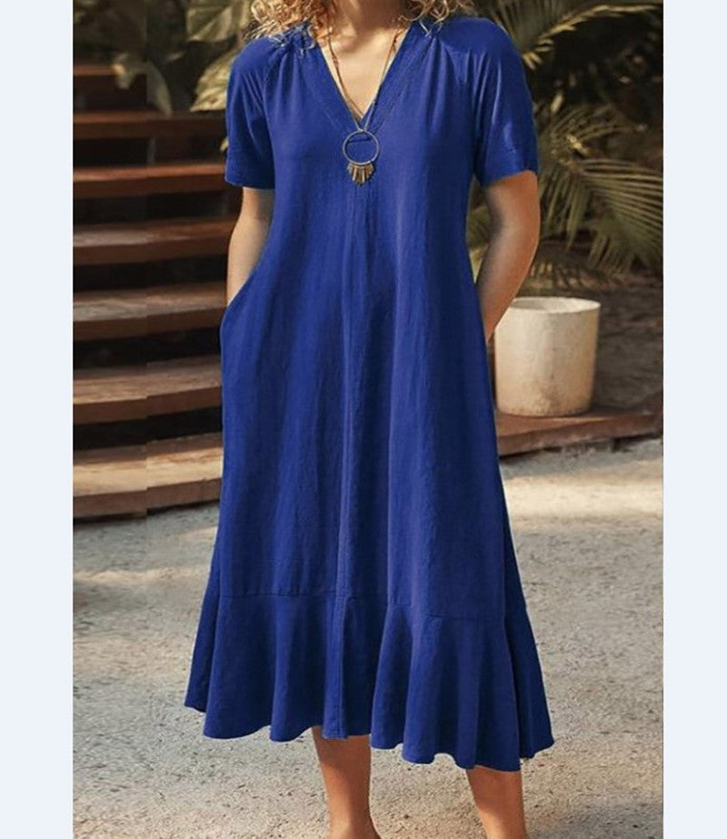 EOS | Lässiges kurzes Baumwoll-Leinen-A-Linien-lang Kleid