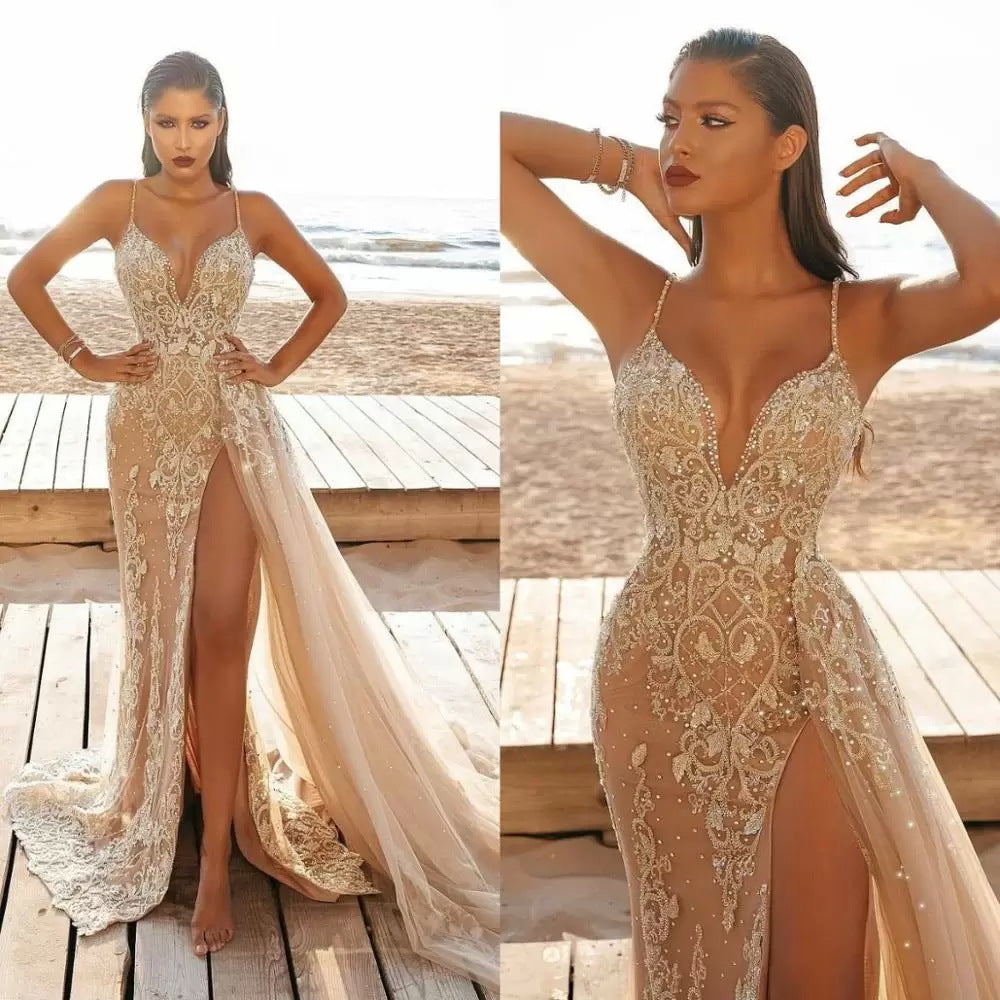 EOS | Damen Spaghetti-Träger Ärmelloses Spitzen-Hollow-Langes Kleid