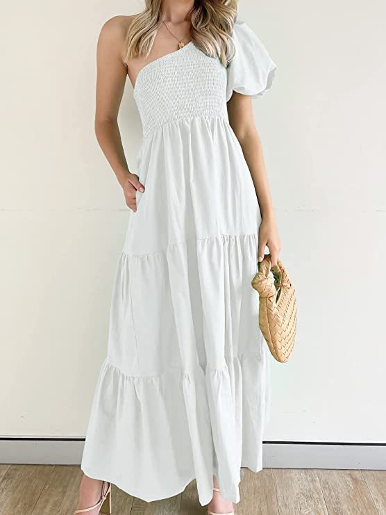 EOS | Romantisches Ein-Schulter Puffärmel Strandkleid