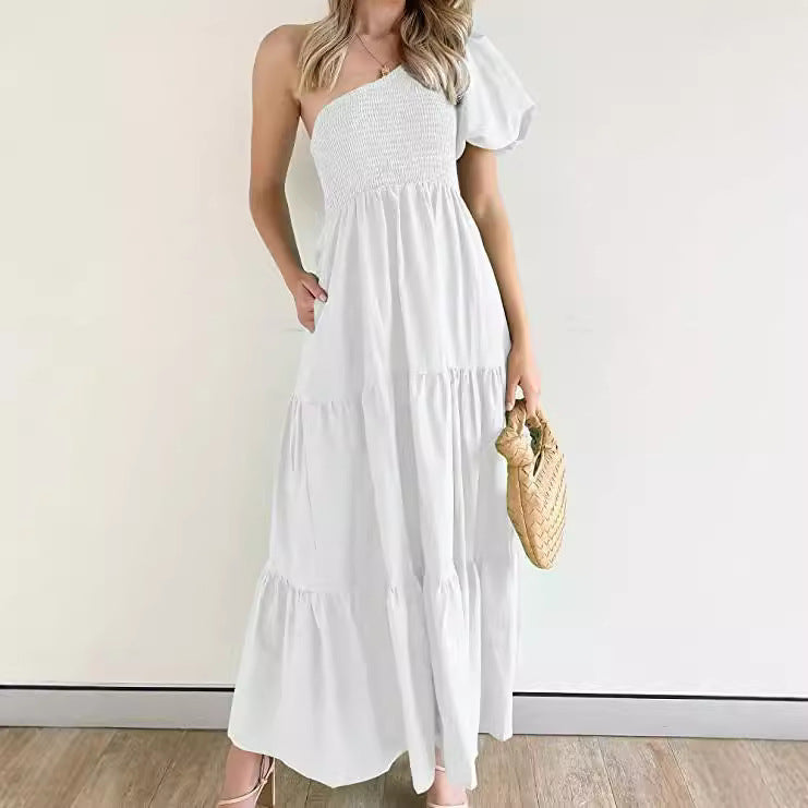 EOS | Romantisches Ein-Schulter Puffärmel Strandkleid