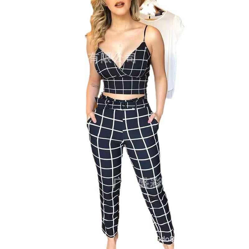 EOS | Bedrucktes sexy Camisole Deep V Crop Top & Karohosen-Set