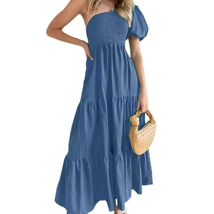 EOS | Romantisches Ein-Schulter Puffärmel Strandkleid