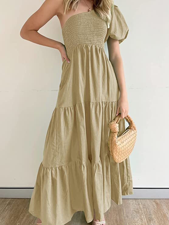 EOS | Romantisches Ein-Schulter Puffärmel Strandkleid