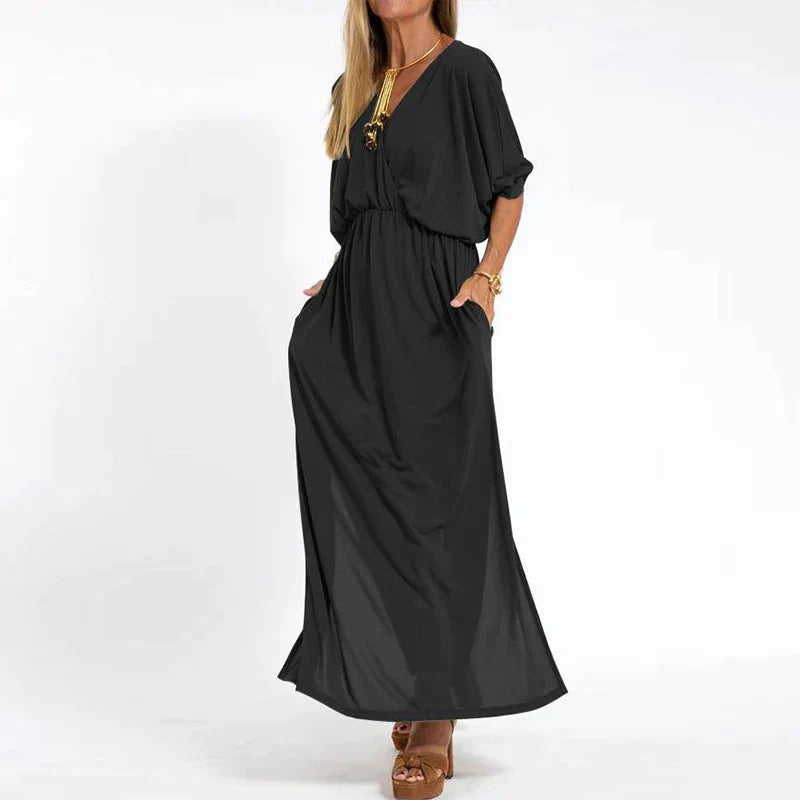 Langes Vintage Kleid mit Seitenschlitz in hoher Taille