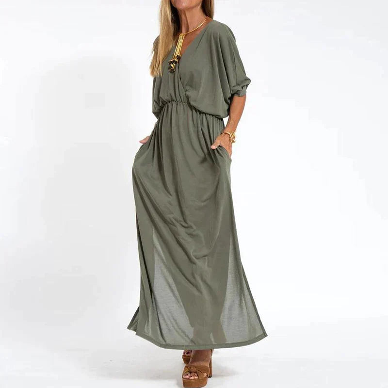 Langes Vintage Kleid mit Seitenschlitz in hoher Taille