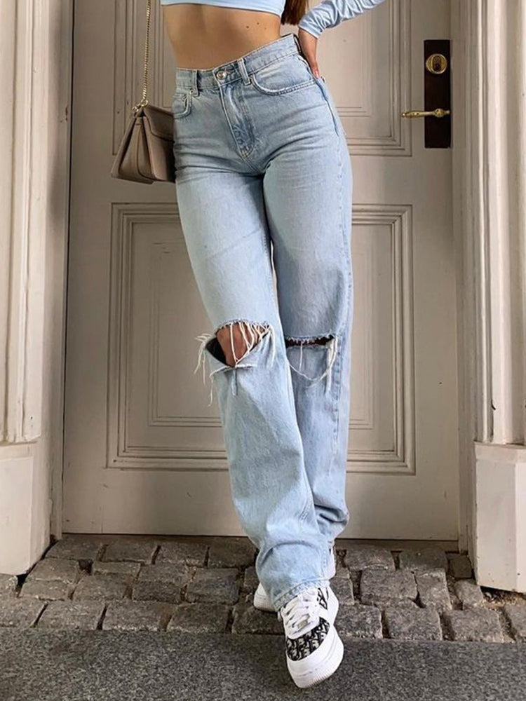 EOS | Damen Jeans mit lockerem Sitz gerissen weites Bein hohe Taille lässig Baggy Jeans