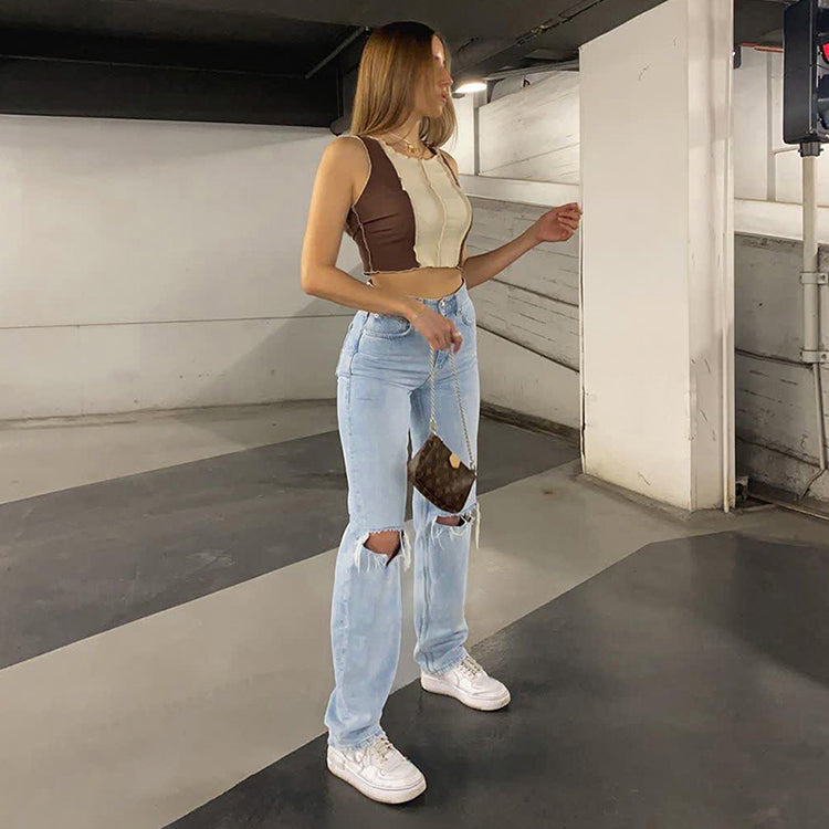 EOS | Damen Jeans mit lockerem Sitz gerissen weites Bein hohe Taille lässig Baggy Jeans