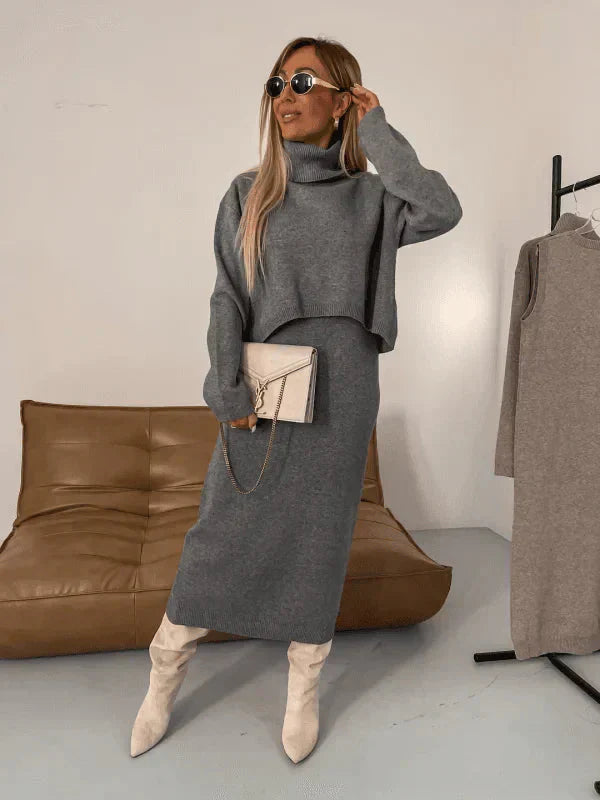 EOS | Strick Set Rollkragenpullover Langarm Strick Set aus Rock und Top Damenbekleidung