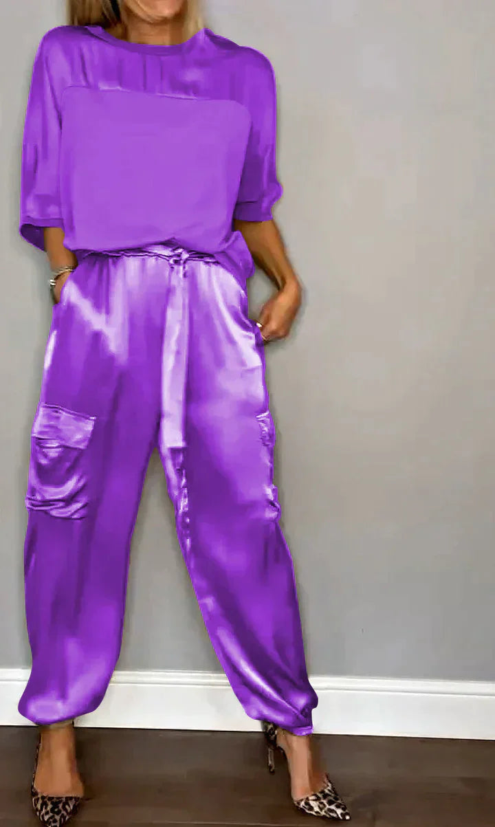 EOS | Jumpsuit aus glattem Satin mit halblangem Oberteil und Hose für Frauen