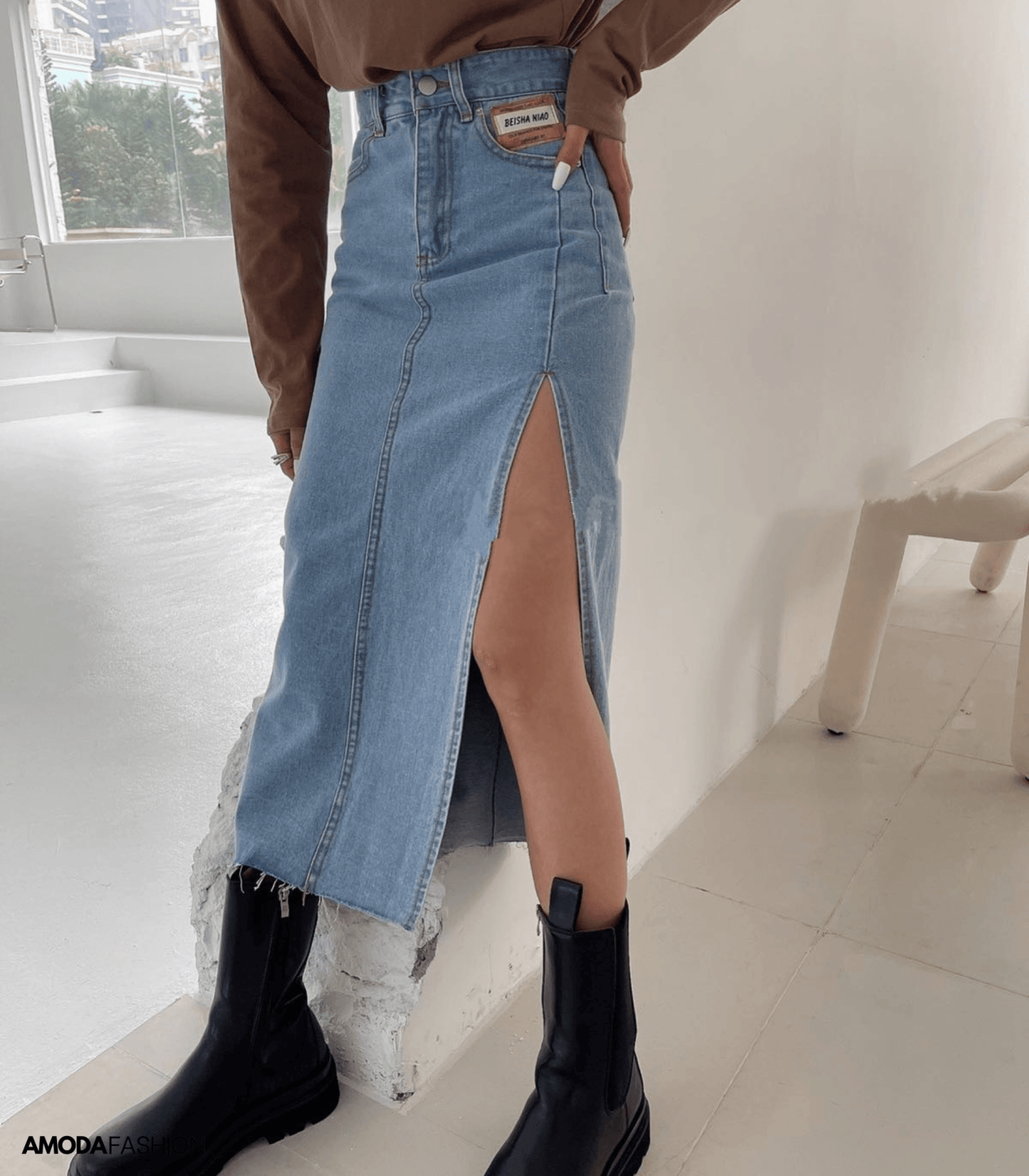 EOS | Langer Bleistift-Denimrock mit Seitenschlitz