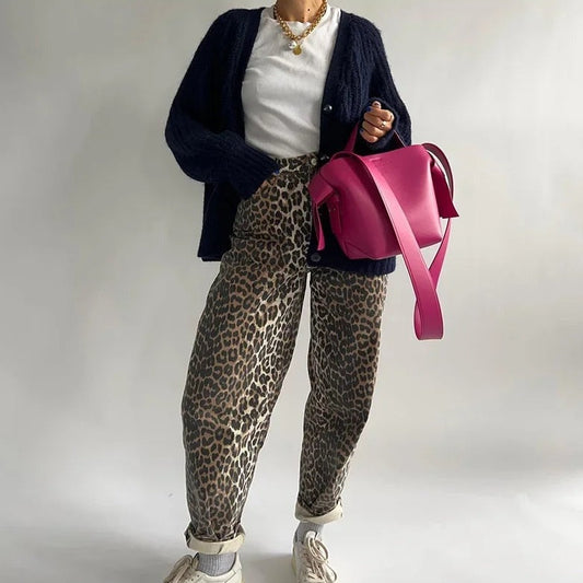 EOS | Leopardenmuster Lockere Passform Hochtaillierte Jeans Baggy Jeans