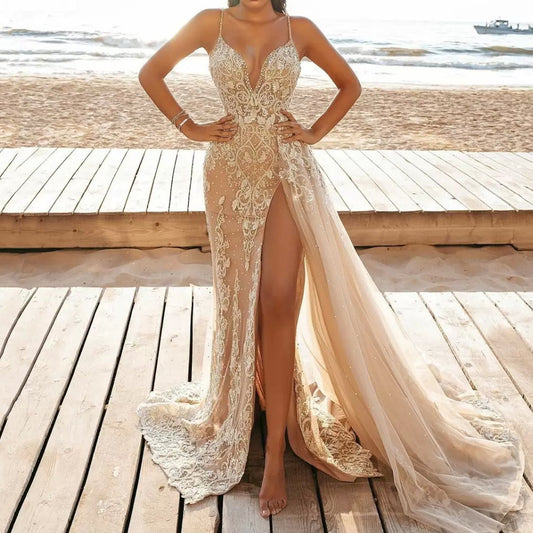EOS | Damen Spaghetti-Träger Ärmelloses Spitzen-Hollow-Langes Kleid