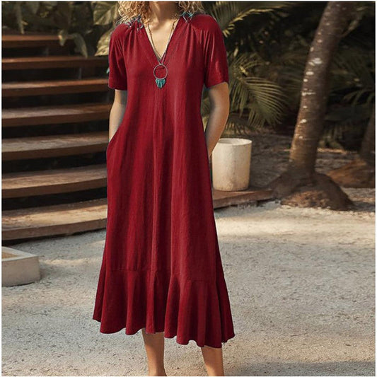 EOS | Lässiges kurzes Baumwoll-Leinen-A-Linien-lang Kleid