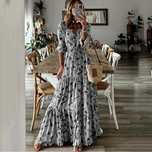 EOS | V-Ausschnitt Bedrucktes Großes Saum Langes Kleid