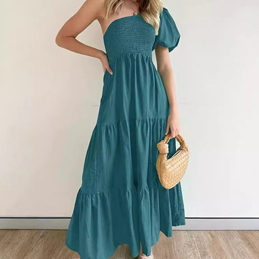 EOS | Romantisches Ein-Schulter Puffärmel Strandkleid