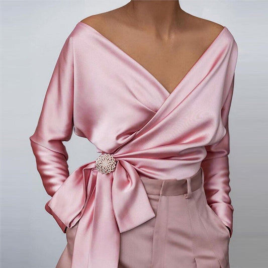 EOS - Rosa Satin V-Ausschnitt Bluse