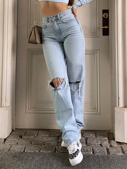 EOS | Damen Jeans mit lockerem Sitz gerissen weites Bein hohe Taille lässig Baggy Jeans