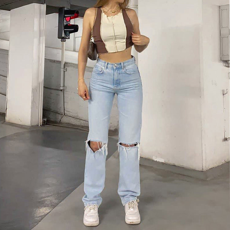 EOS | Damen Jeans mit lockerem Sitz gerissen weites Bein hohe Taille lässig Baggy Jeans