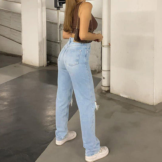 EOS | Damen Jeans mit lockerem Sitz gerissen weites Bein hohe Taille lässig Baggy Jeans