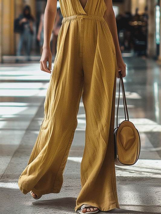 EOS | V-Ausschnitt lässiger Retro Elastik Taille weites Bein Denim Jumpsuit
