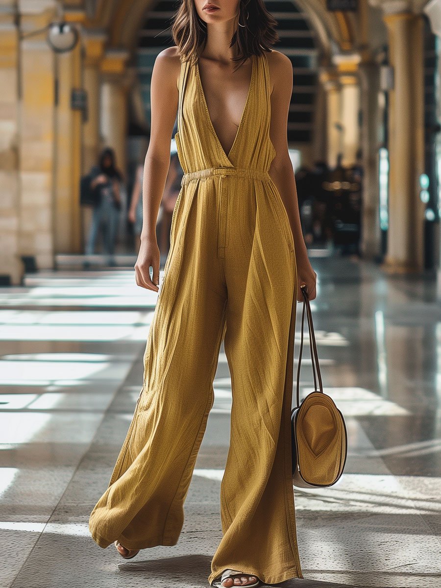 EOS | V-Ausschnitt lässiger Retro Elastik Taille weites Bein Denim Jumpsuit